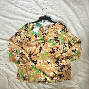 CAbi Island Blouse #6296 - Floral Blouse in Orange and Green